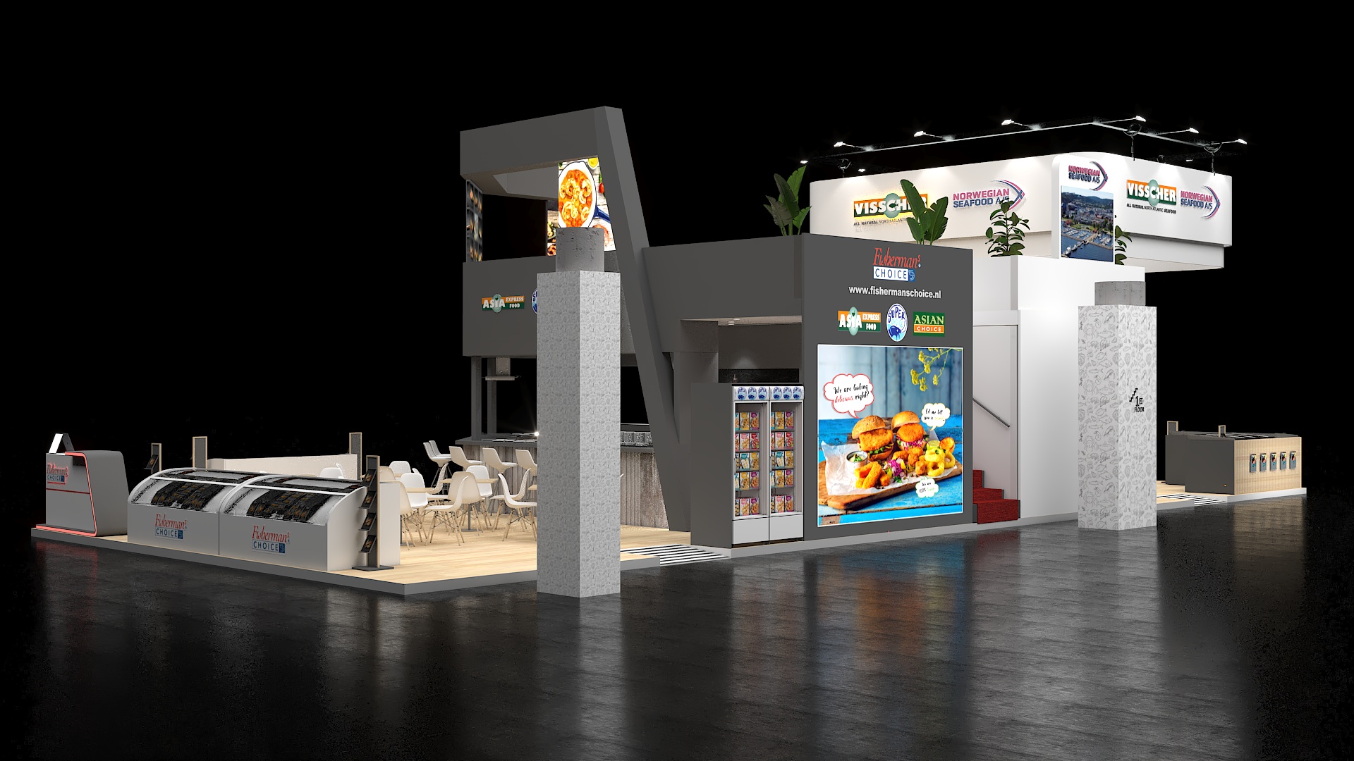Render del stand de Visscher Seafood y Fisherman’s Choice en Seafood Expo Global Barcelona
