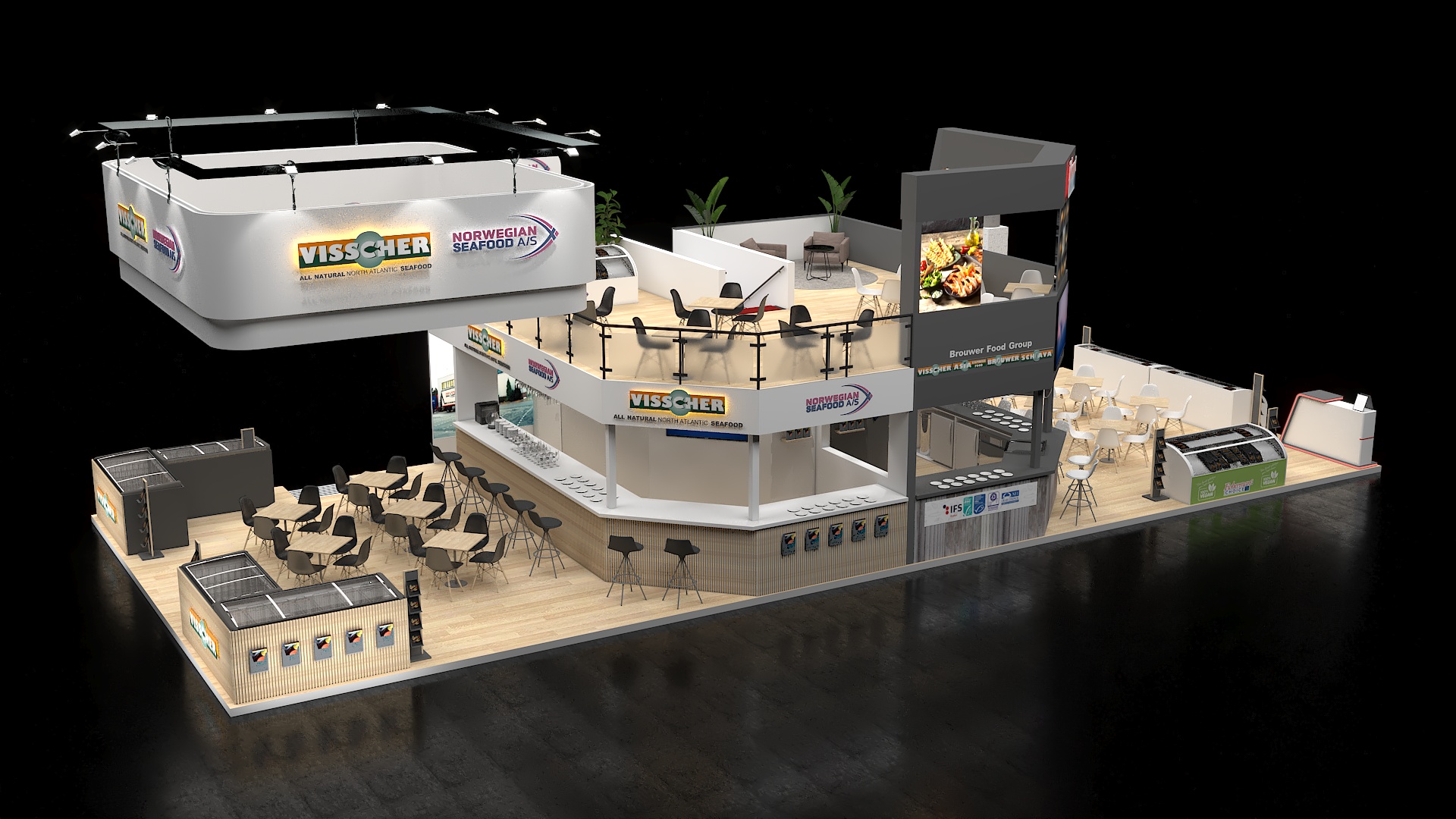 Render del stand de Visscher Seafood y Fisherman’s Choice en Seafood Expo Global Barcelona